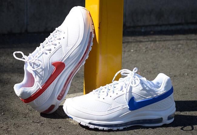 Men Skepta x Nike Air Max 97 BW White Blue Red Shoes - Click Image to Close